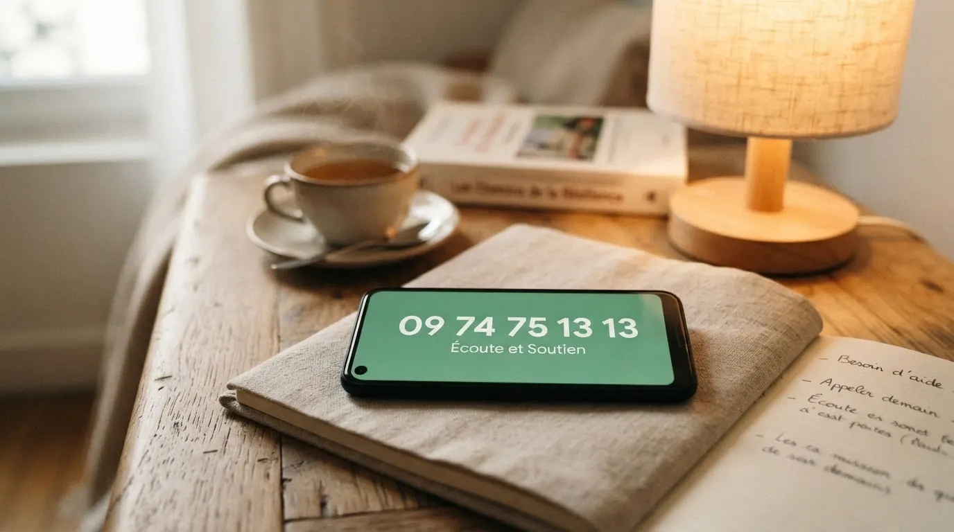 Un téléphone posé sur un carnet affichant le numéro 09 74 75 13 13 et le logo Joueurs Info Service