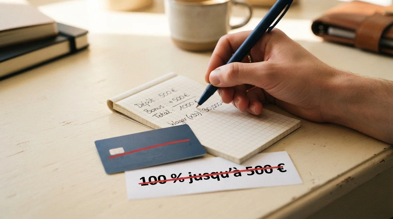 Une calculatrice posée à côté d'une carte bancaire et d'une offre de bonus « 100 % jusqu'à 500 € » barrée d'un trait rouge