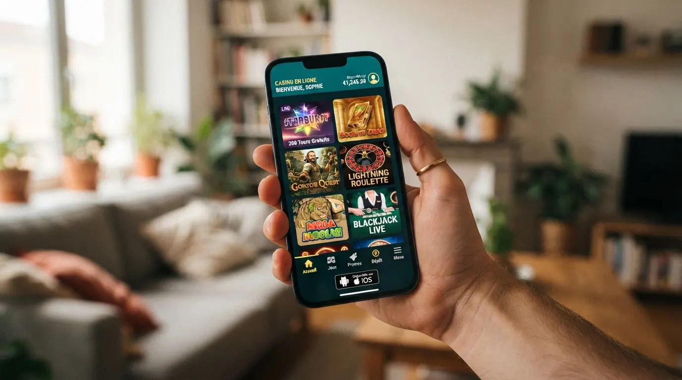 Un smartphone tenu en main affichant une interface de casino mobile, avec des icônes Android et iOS en bas de l'écran